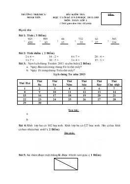 Bài kiểm tra học cuối kì II Năm học 2012-2013 môn Toán Lớp 2