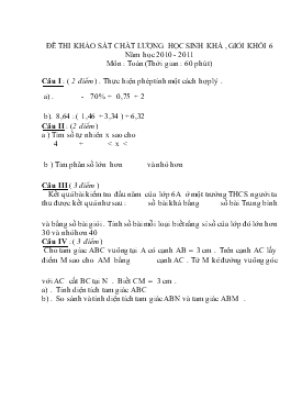 Đề thi khảo sát chất lượng học sinh khá , giỏi khối 6 năm học 2010 - 2011 môn : toán (thời gian : 60 phút )